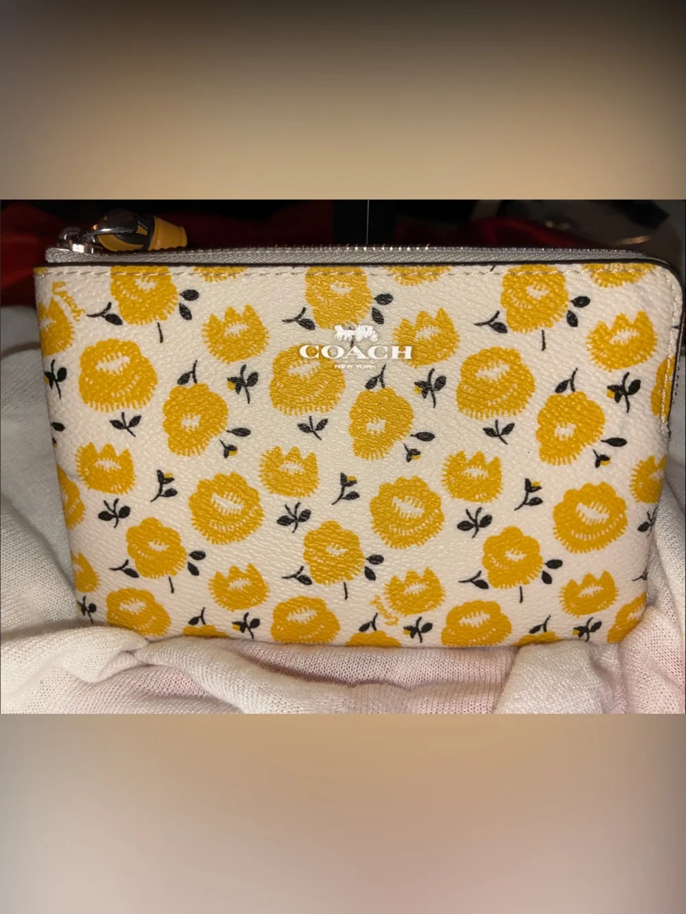 COACH White Floral Zip Wallet with Yellow Flowers